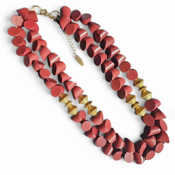 Plunder Design Burgundy Wood & Gold Beads Necklace - NWOT - Picture 4 of 5